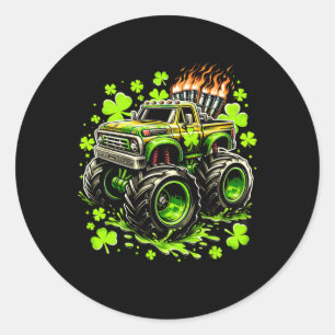 Sticker Rond Garçons Enfants Monster Green Truck Shamrock St pa
