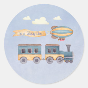 Sticker Rond Garçon's Jouets en bois Blue Baby shower Train