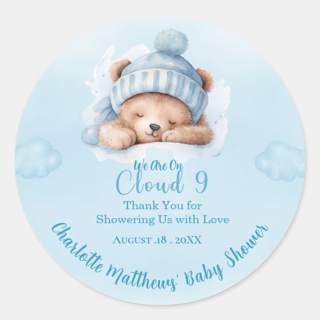 Sticker Rond Garçons Ours Nuage Nuage Neuf 9 Baby showers (Devant)