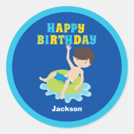 Sticker Rond Garçons Piscine Fête Enfants Bleu Anniversaire