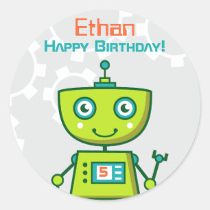 Sticker Rond Garçons Robot Vert Joyeux Anniversaire