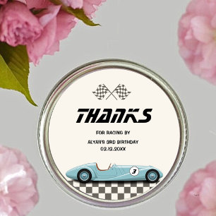 Sticker Rond Garçons Vintage Blue Retro Race Car fête d'anniver