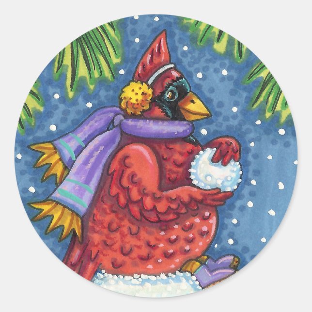 STICKER ROND GARDE CARDINAL SNOWMAN, CUTE NOËL REDBIRD (Devant)