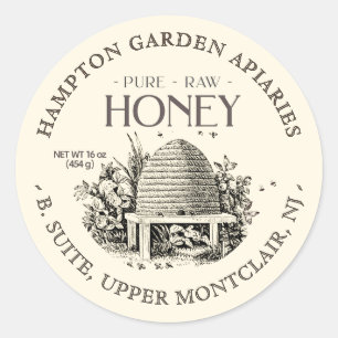 Sticker Rond Garden Skep avec petites abeilles Miel Jar Étiquet