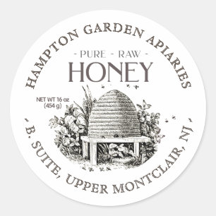 Sticker Rond Garden Skep avec petites abeilles Miel Jar Étiquet