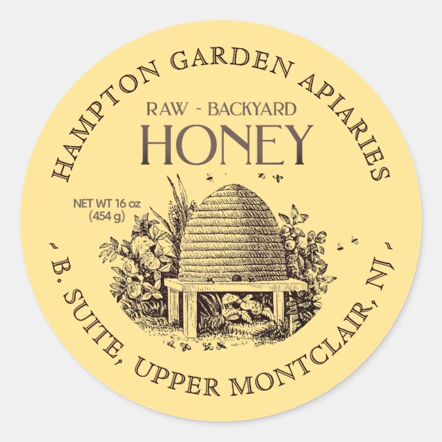 Sticker Rond Garden Skep avec petites abeilles Miel Jar Étiquet (Devant)