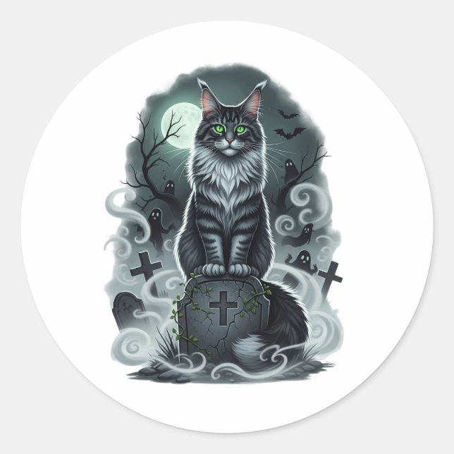Sticker Rond Gardien des cimetières - Halloween du Maine Coon (Devant)