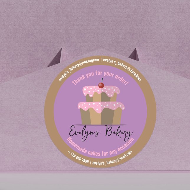 Sticker Rond Gâteau Au Frosting Rose Cerise Boulangerie Maison (Créateur téléchargé)