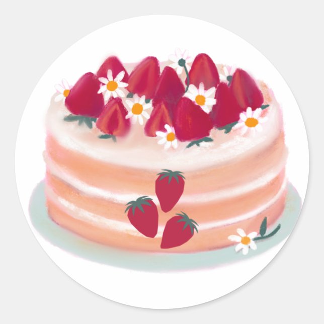 Sticker Rond Gâteau aux fruits de fraise et fleur marguerite (Devant)
