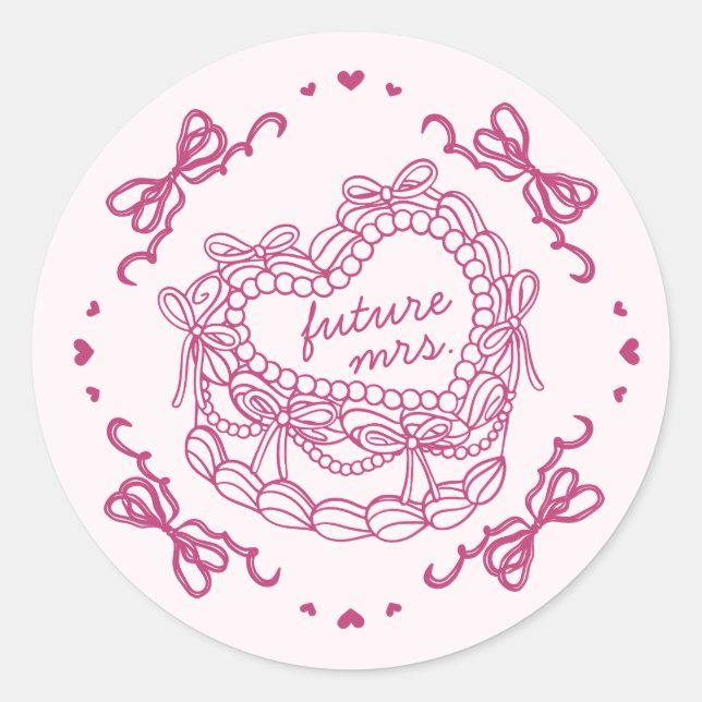 Sticker Rond Gâteau Coquette Rétro Cœur Ruban Rose Mariage (Devant)
