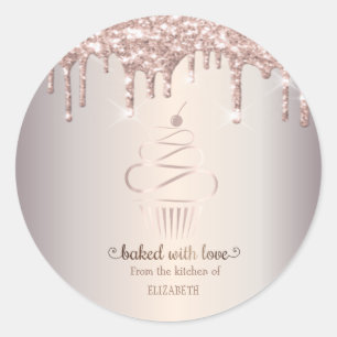 Sticker Rond Gâteau Cupcake Bakery Rose Gold Paillettes Coulure