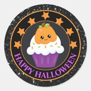 Sticker Rond Gâteau cupcake Halloween Citrouille Kawaii