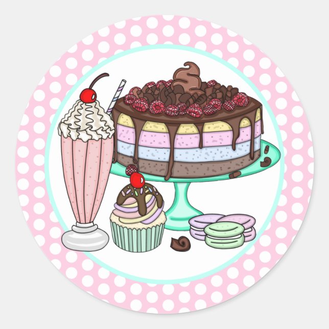 Sticker Rond Gâteau, Cupcake, Milkshake et Macarons (Devant)