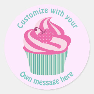 Sticker Rond Gâteau Cupcake Rose Pastel avec Texte Personnalisé
