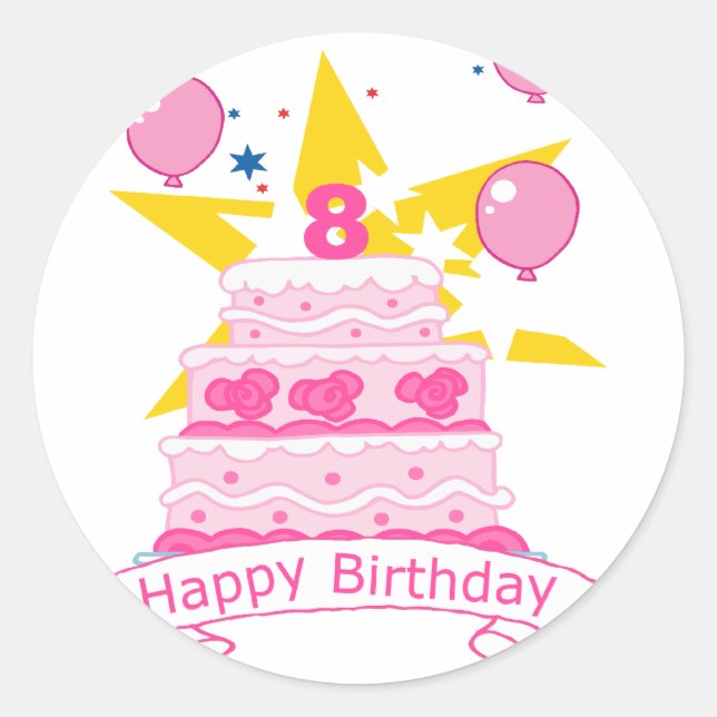 Sticker Rond Gâteau d'anniversaire de 8 ans (Devant)