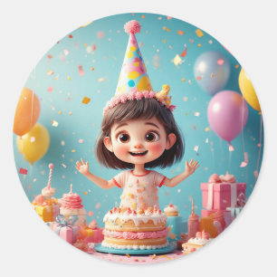 Sticker Rond 🎉 Gâteau d'anniversaire de fille joyeuse Fête