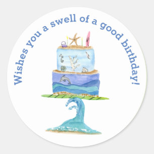 Sticker Rond Gâteau d'anniversaire en planche de surf aquarelle