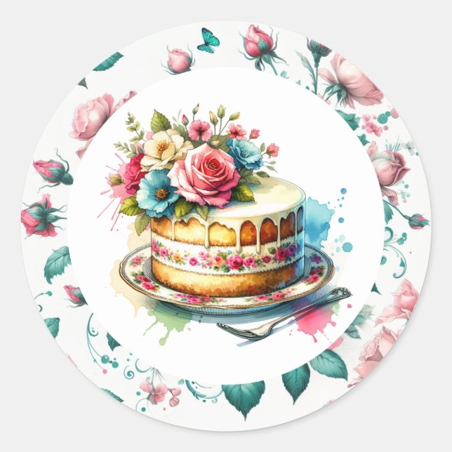 Sticker Rond Gâteau d'anniversaire Shabby Chic Floral (Devant)