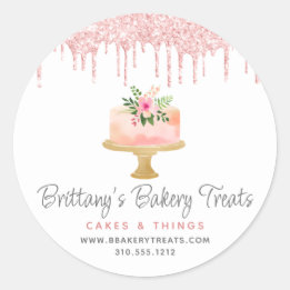 Sticker Rond Gâteau de boulangerie rose poudré paillettes coulé