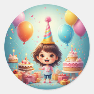 Sticker Rond Gâteau de fille d'anniversaire Célébration avec gâ