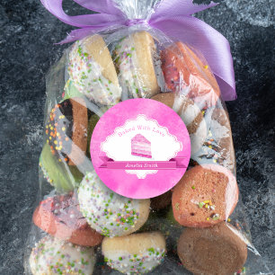 Sticker Rond Gâteau Rose Aquarelle Élégant Cuisiné Avec Amour