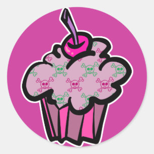 Sticker Rond gâteau rose punk crâne os croisés