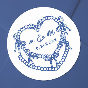 Sticker Rond Gâteau Vintage Dessiné à la Main Bleu Mariage Fant