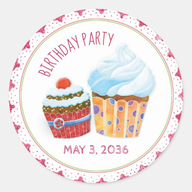 Sticker Rond Gâteaux Cupcakes Favor de Fête d'Anniversaire (Devant)
