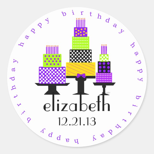 Sticker Rond Gâteaux d'anniversaire violet Joyeux anniversaire (Devant)