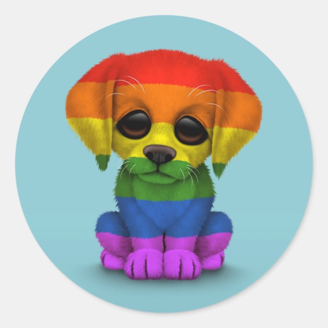 Sticker Rond Gay pride arc-en-ciel mignon Chien chiot, Bleu (Devant)