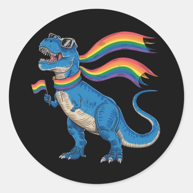 Sticker Rond Gay pride Dino Trex Rainbow Flag Lgbt Ally (Devant)