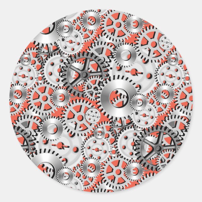 Sticker Rond Gears Argent Orange Steampunk Mécanique (Devant)