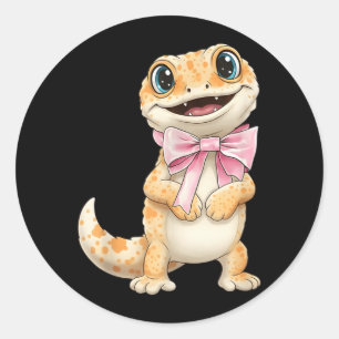 Sticker Rond Gecko Coquette avec Nœud Ruban Rose Filles Drôles
