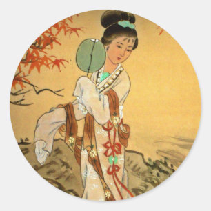 Sticker Rond Geisha Girl avec fan