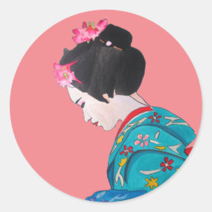 Sticker Rond Geisha japonais avec mariage de fleurs de cerisier