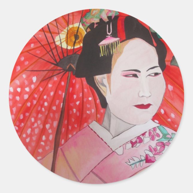 Sticker Rond Geisha japonais avec parapluie rouge art original (Devant)