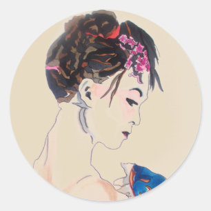 Sticker Rond Géisha japonaise vintage avec kimono bleu