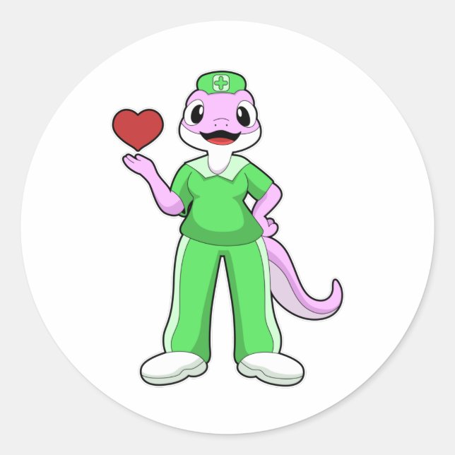 Sticker Rond Geko comme infirmière avec coeur (Devant)