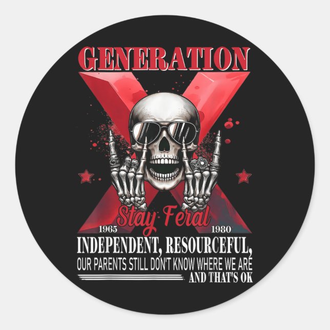 Sticker Rond Génération X Séjour Feral Funny Skeleton Gen X Hum (Devant)
