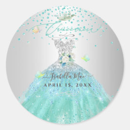 Sticker Rond Genre de Parties scintillant Turquoise Quinceanera