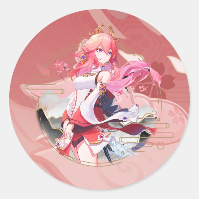 Sticker Rond Genshin Impact Yae Miko Raposa Rosa  (Devant)