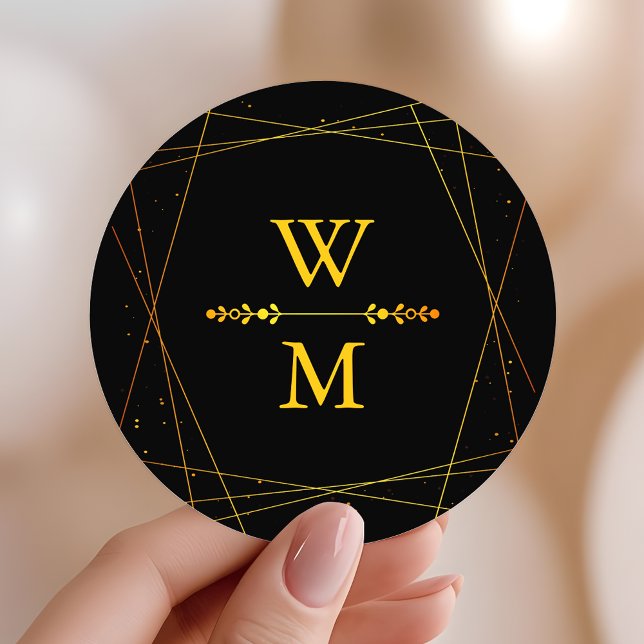 Sticker Rond Geometric Black and Gold Monogram Wedding Favor (Créateur téléchargé)