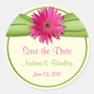 Sticker Rond Gerbera rose Daisy Mariage vert Enregistrer la dat