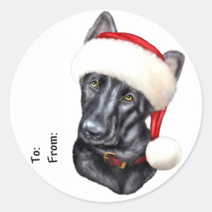 Sticker Rond German Shepherd BLK Christmas Père Noël Pup Tags c