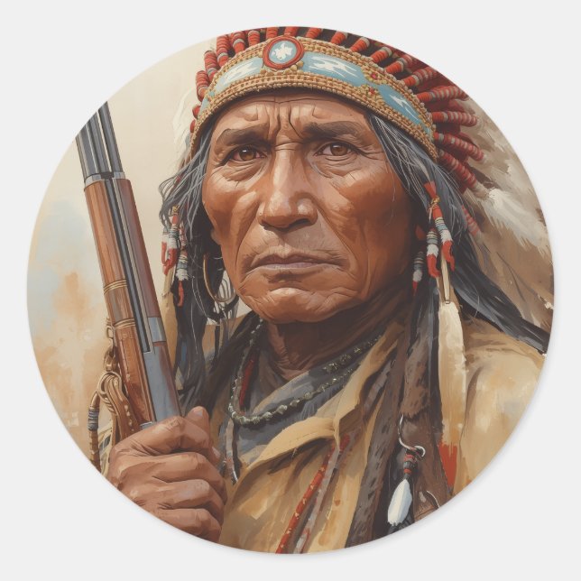 Sticker Rond Geronimo Indian Chief Warrior Portrait (Devant)