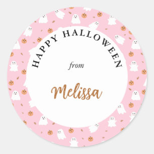 Sticker Rond Ghost mignon et Citrouille Motif d'Halloween rose