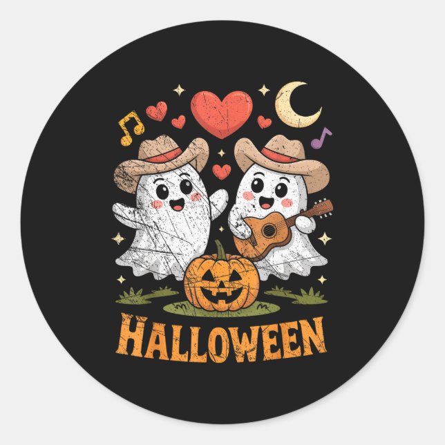 Sticker Rond Ghost Playing Guitar For Halloween Lovers  (Devant)