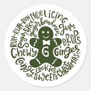 Sticker Rond Gingerman Noël hiver Candy Typographie VERT