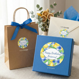 Sticker Rond Gingham Blanc Bleu Citron Personnalisé