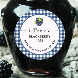 Sticker Rond Gingham bleu carreaux Confiture de mûres maison